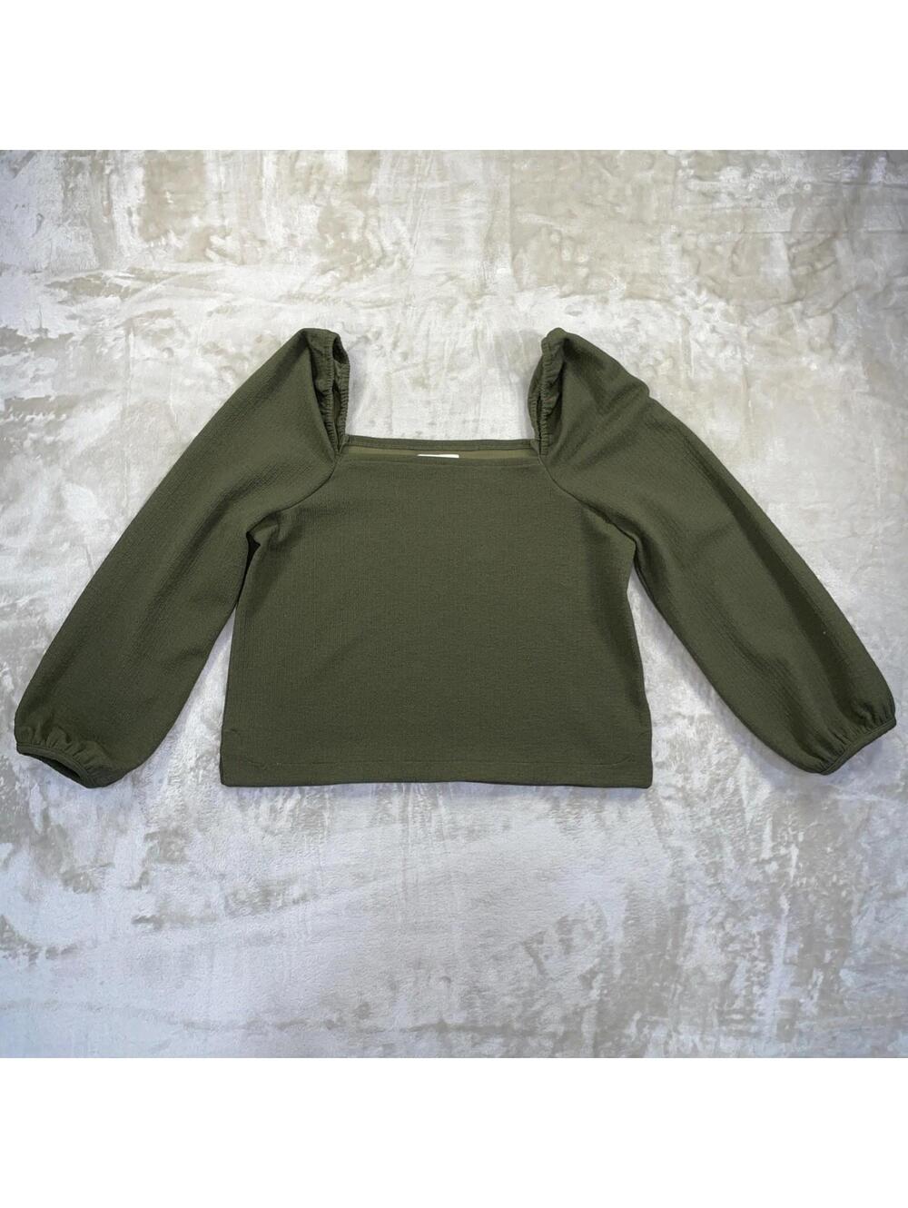 Madewell Cropped Blouse Womens Green Stretch Crepe Square Neck Balloon Sleeve M